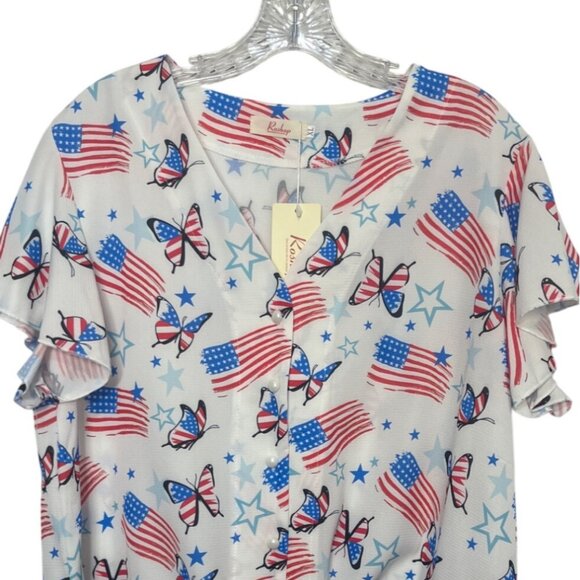 Roshop Patriotic Shirt Blouse Womens XL White Red Blue New Butterfly Flags - Picture 3 of 10